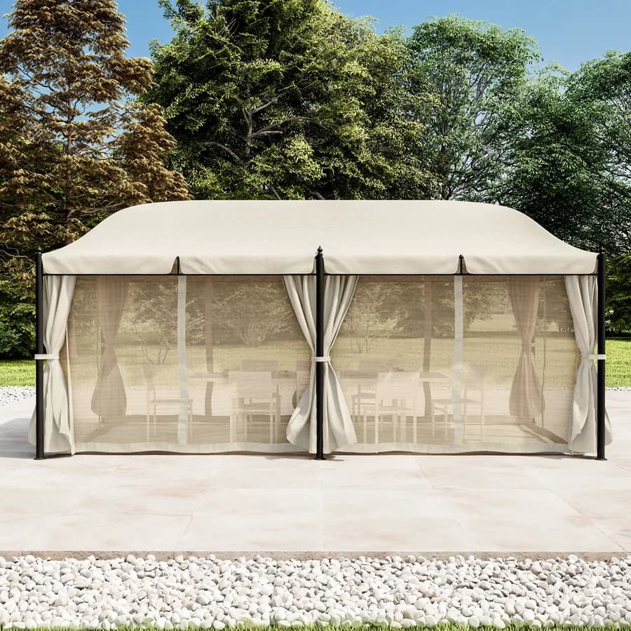 Gazebo 5,9x3 m telo ecrù con tende e zanzariere in acciaio antracite - Tindari