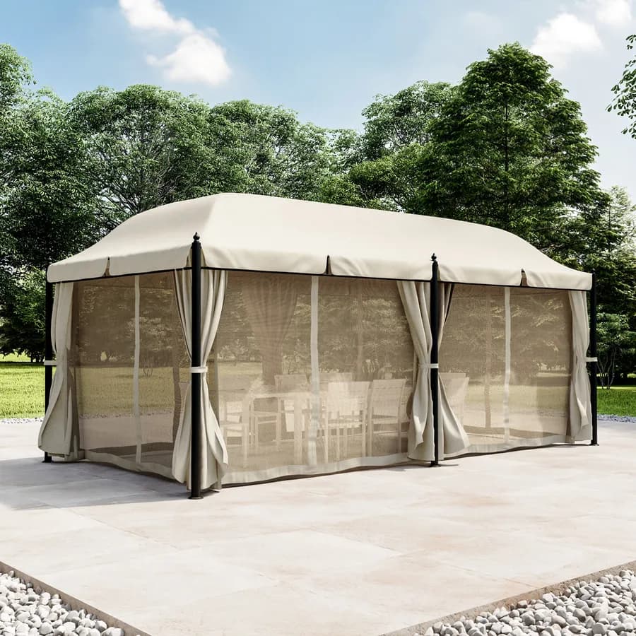 Gazebo 5,9x3 m telo ecrù con tende e zanzariere in acciaio antracite - Tindari
