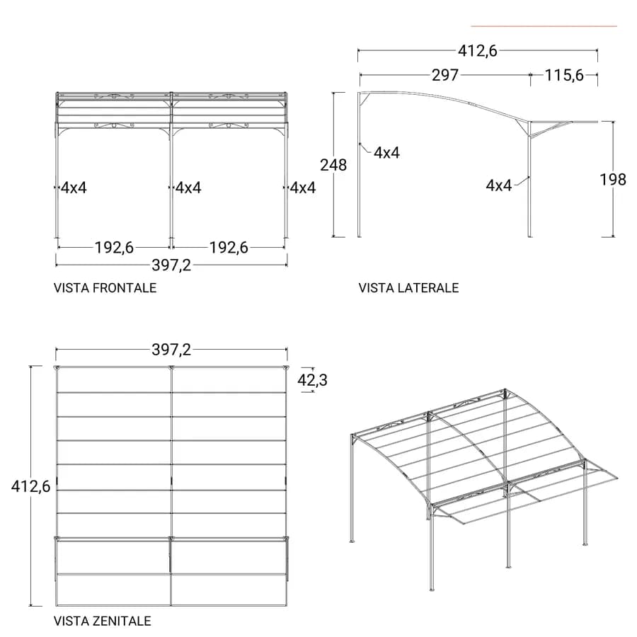Gazebo pergola 4x4 m in acciaio con telo grigio a ribalta richiudibile - Tharros