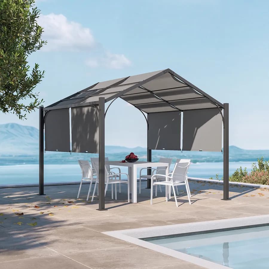 Gazebo piramidale da giardino 3x3 m in acciaio antracite con telo scorrevole grigio - Fulgore