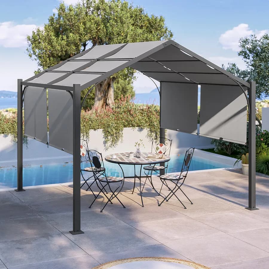 Gazebo piramidale da giardino 3x3 m in acciaio antracite con telo scorrevole grigio - Fulgore
