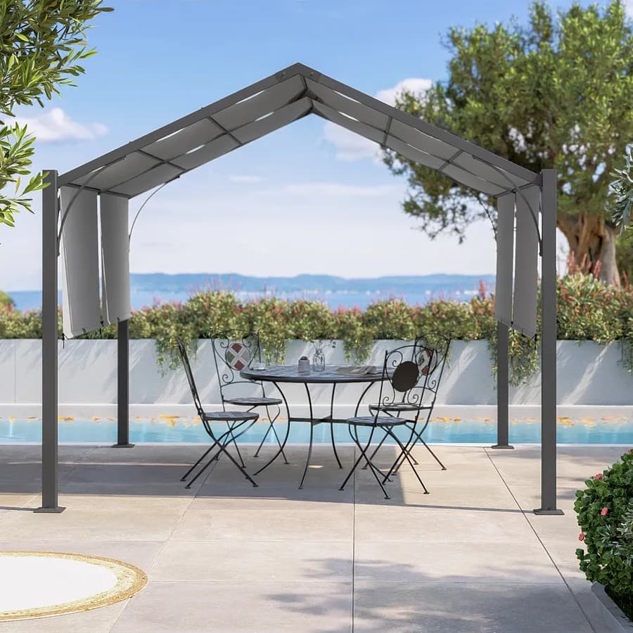 Gazebo piramidale da giardino 3x3 m in acciaio antracite con telo scorrevole grigio - Fulgore