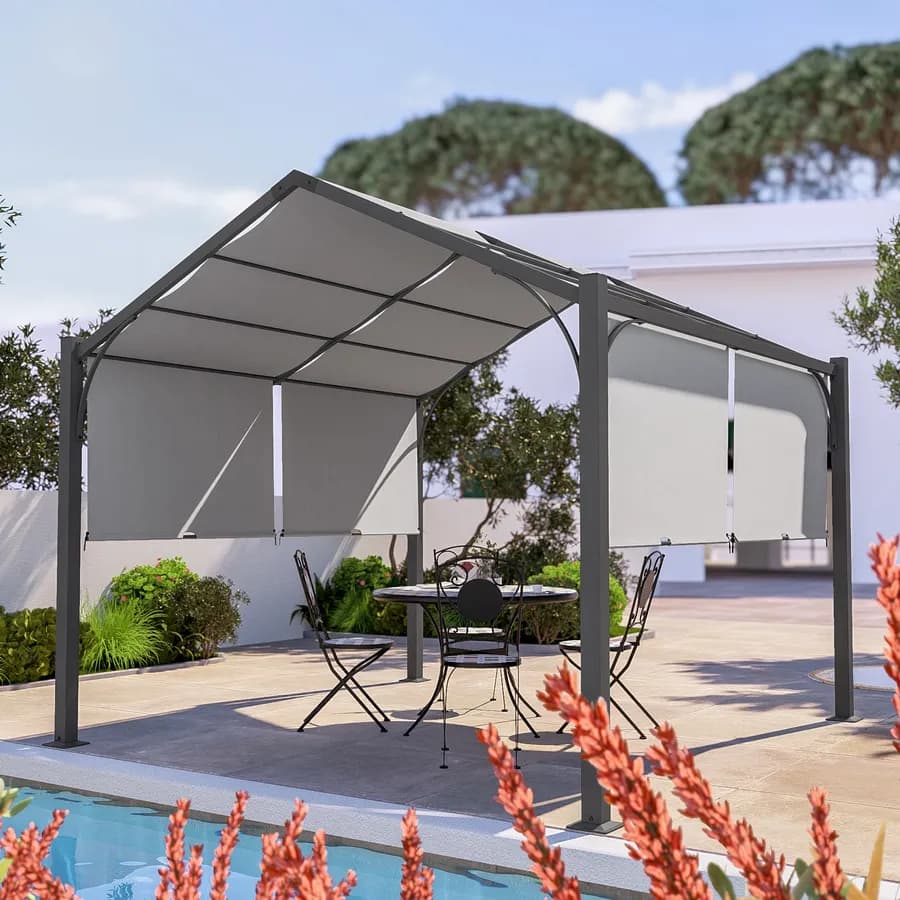 Gazebo piramidale da giardino 3x3 m in acciaio antracite con telo scorrevole grigio - Fulgore