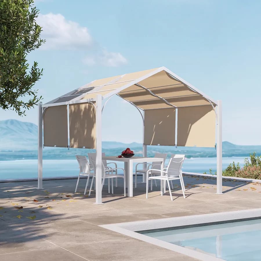 Gazebo piramidale da giardino 3x3 m in acciaio bianco con telo scorrevole ecrù - Fulgore