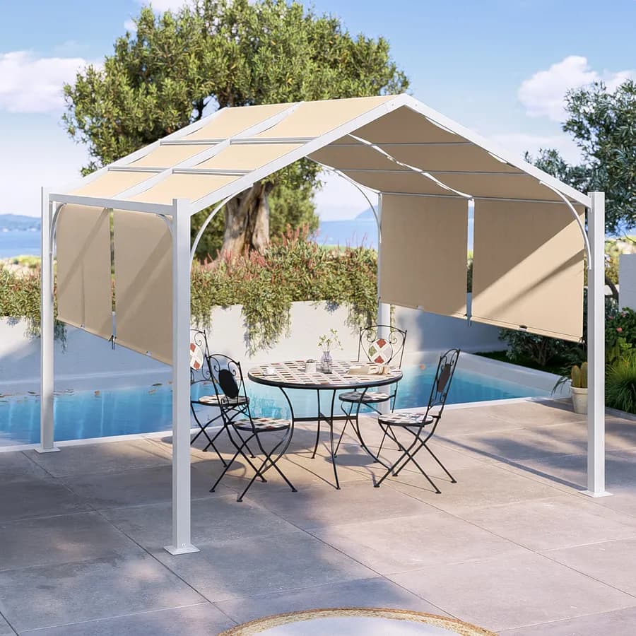 Gazebo piramidale da giardino 3x3 m in acciaio bianco con telo scorrevole ecrù - Fulgore