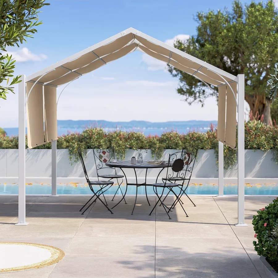 Gazebo piramidale da giardino 3x3 m in acciaio bianco con telo scorrevole ecrù - Fulgore