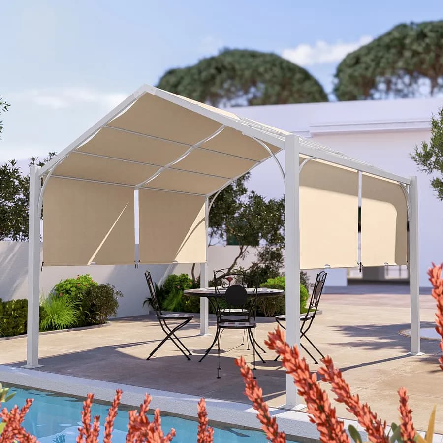 Gazebo piramidale da giardino 3x3 m in acciaio bianco con telo scorrevole ecrù - Fulgore
