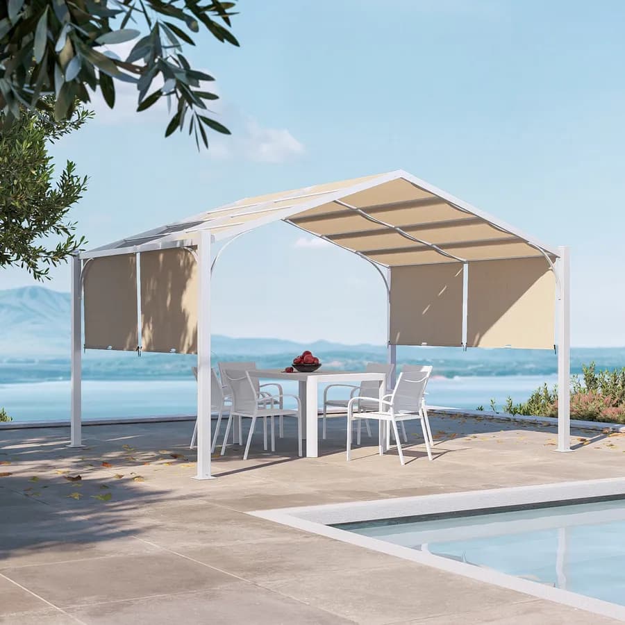 Gazebo piramidale da giardino 3x4 m in acciaio bianco con telo scorrevole ecrù - Fulgore