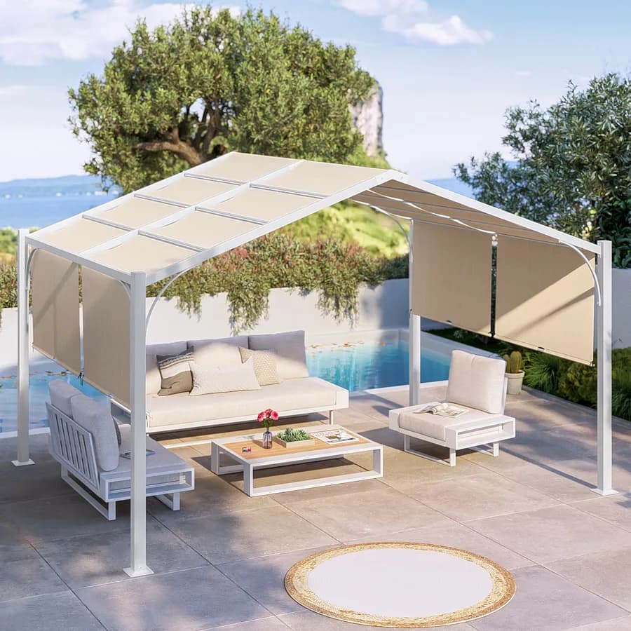 Gazebo piramidale da giardino 3x4 m in acciaio bianco con telo scorrevole ecrù - Fulgore