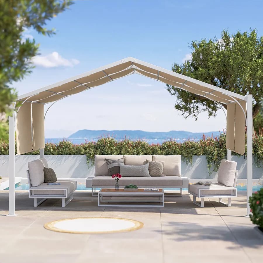 Gazebo piramidale da giardino 3x4 m in acciaio bianco con telo scorrevole ecrù - Fulgore