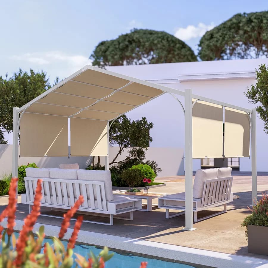 Gazebo piramidale da giardino 3x4 m in acciaio bianco con telo scorrevole ecrù - Fulgore