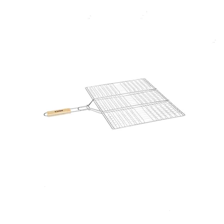 Griglia rettangolare doppia 40x50 cm per barbecue in acciaio zincato e manico in legno