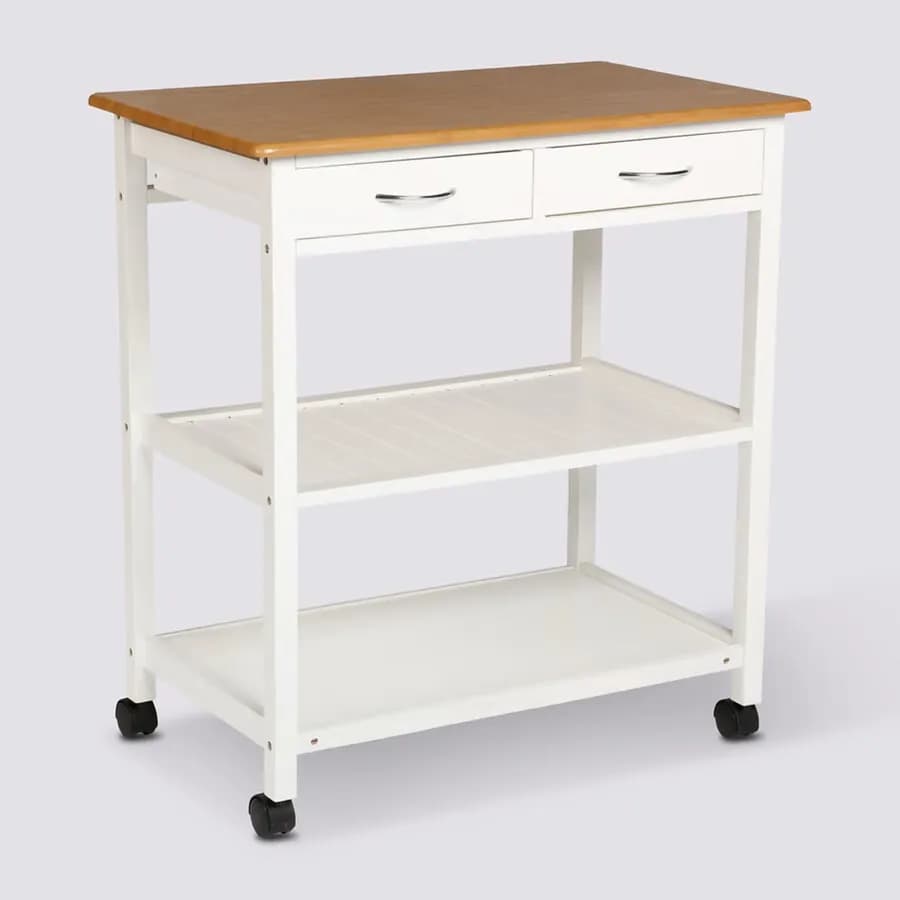 Isola cucina 78x48 cm in legno di bambù naturale e bianco con ruote e 2 cassetti