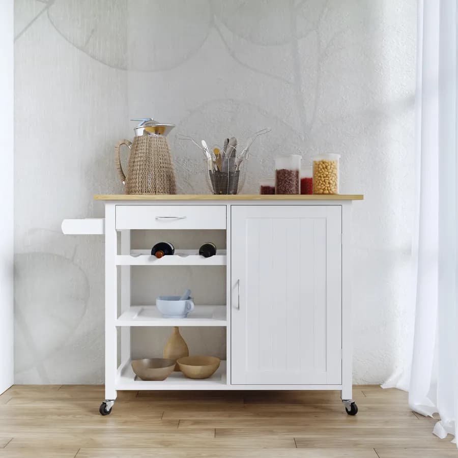 Isola da cucina 105x89h cm bianco con top rovere chiaro e ruote - Odillia