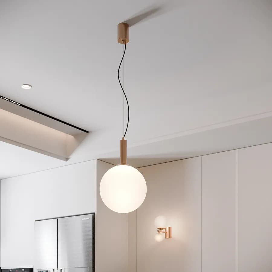 Lampada a sospensione da interno 30x160h cm oro rosa in vetro soffiato bianco