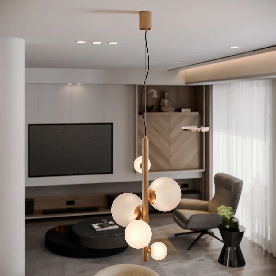 Lampada a sospensione da interno 45x180h cm oro rosa in vetro soffiato bianco