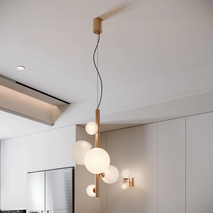 Lampada a sospensione da interno 45x180h cm oro rosa in vetro soffiato bianco