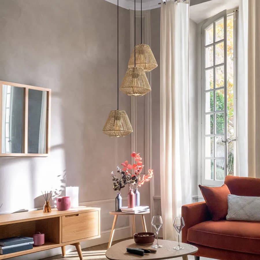 Lampada sospesa h 95 cm intreccio in corda naturale con 3 punti luce - Margot