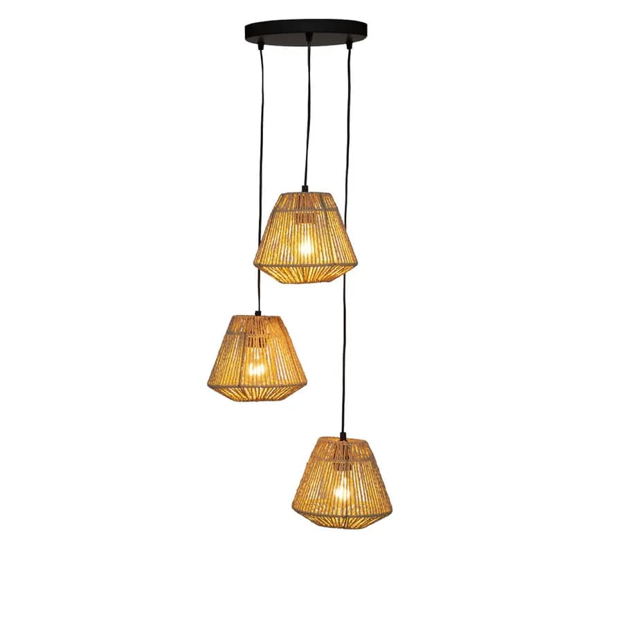 Lampada sospesa h 95 cm intreccio in corda naturale con 3 punti luce - Margot