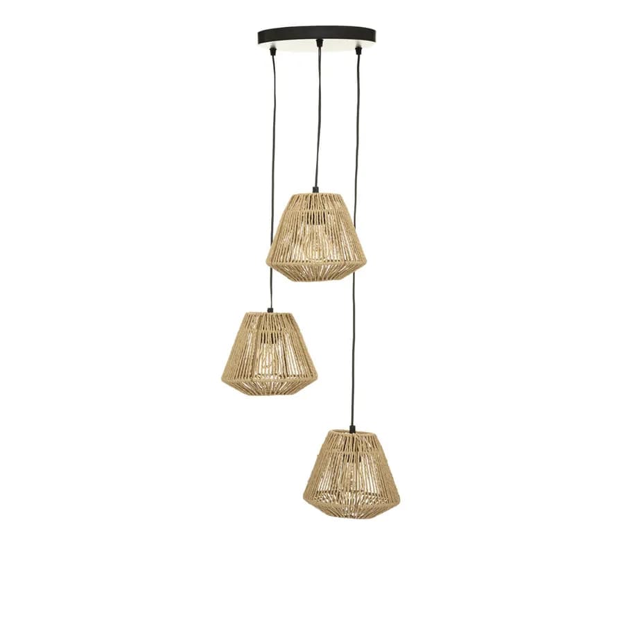 Lampada sospesa h 95 cm intreccio in corda naturale con 3 punti luce - Margot
