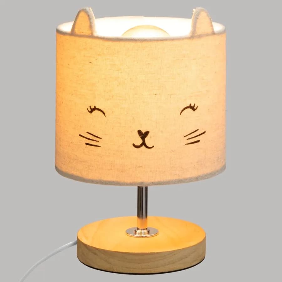 Lampada da tavolo 23 h cm per bambini a forma di gatto in legno e paralume in lino grigio - Kids
