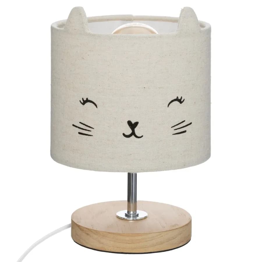 Lampada da tavolo 23 h cm per bambini a forma di gatto in legno e paralume in lino grigio - Kids
