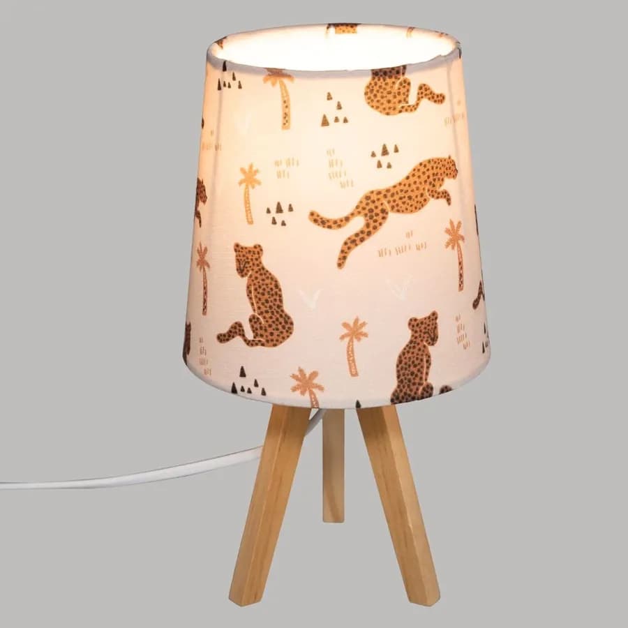 Lampada da tavolo 24 h cm per bambini in legno di pino e paralume in cotone con fantasia