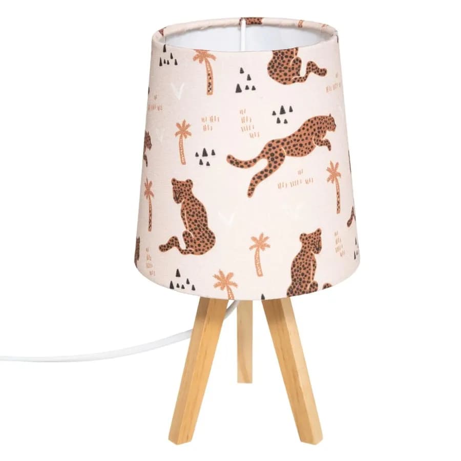 Lampada da tavolo 24 h cm per bambini in legno di pino e paralume in cotone con fantasia