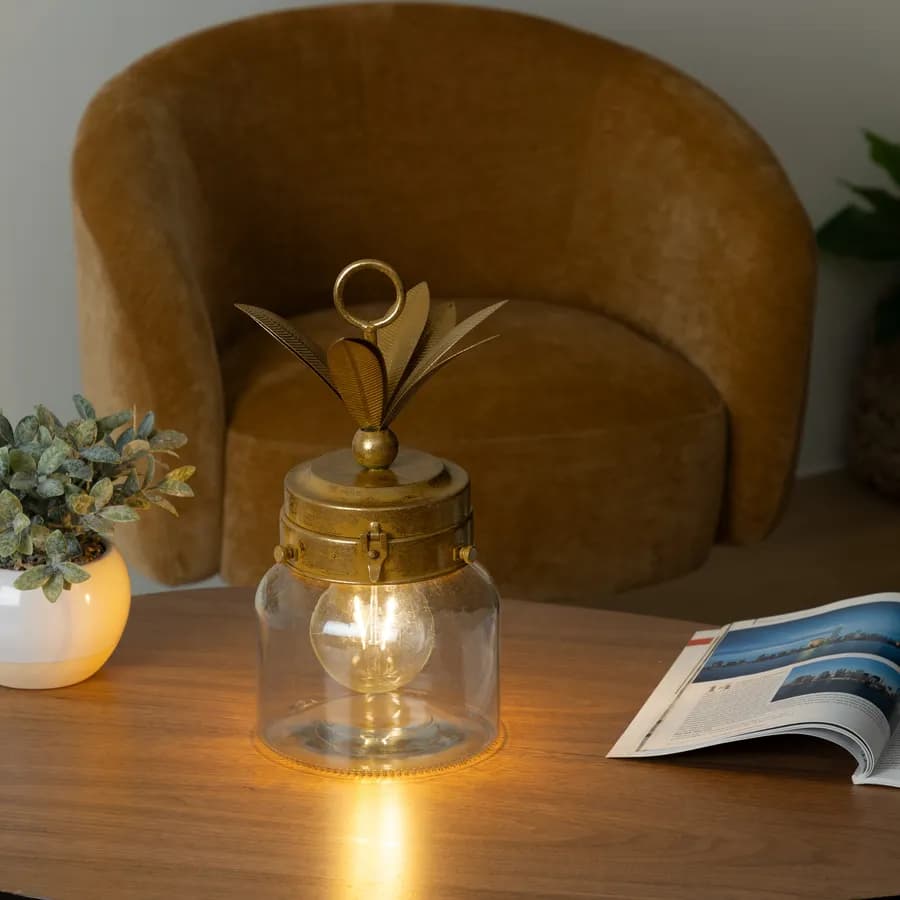 Lampada LED da tavolo 33h cm in metallo oro e vetro trasparente