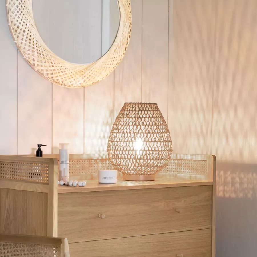Lampada da tavolo 36 h cm intrecciata in corda beige con base in legno di faggio - Enrika