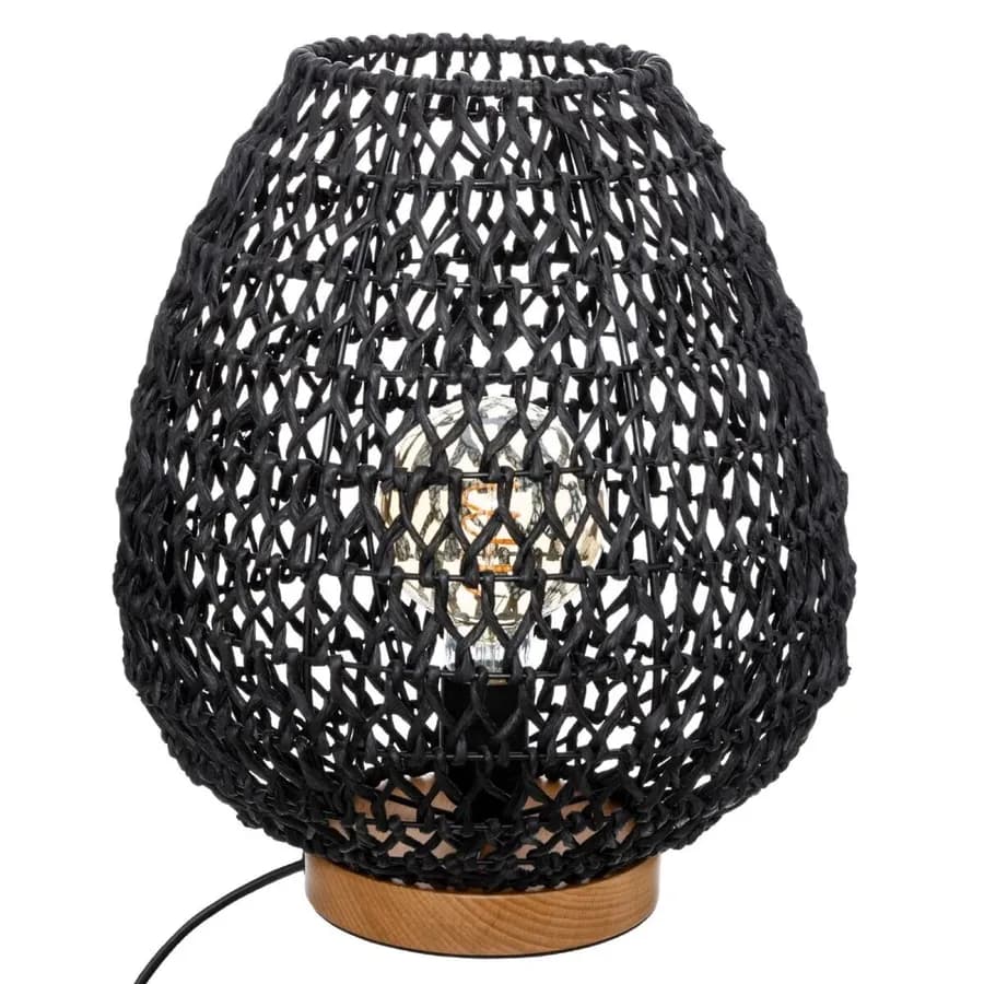 Lampada da tavolo 36h cm intrecciata in corda nero con base in legno di faggio - Enrika