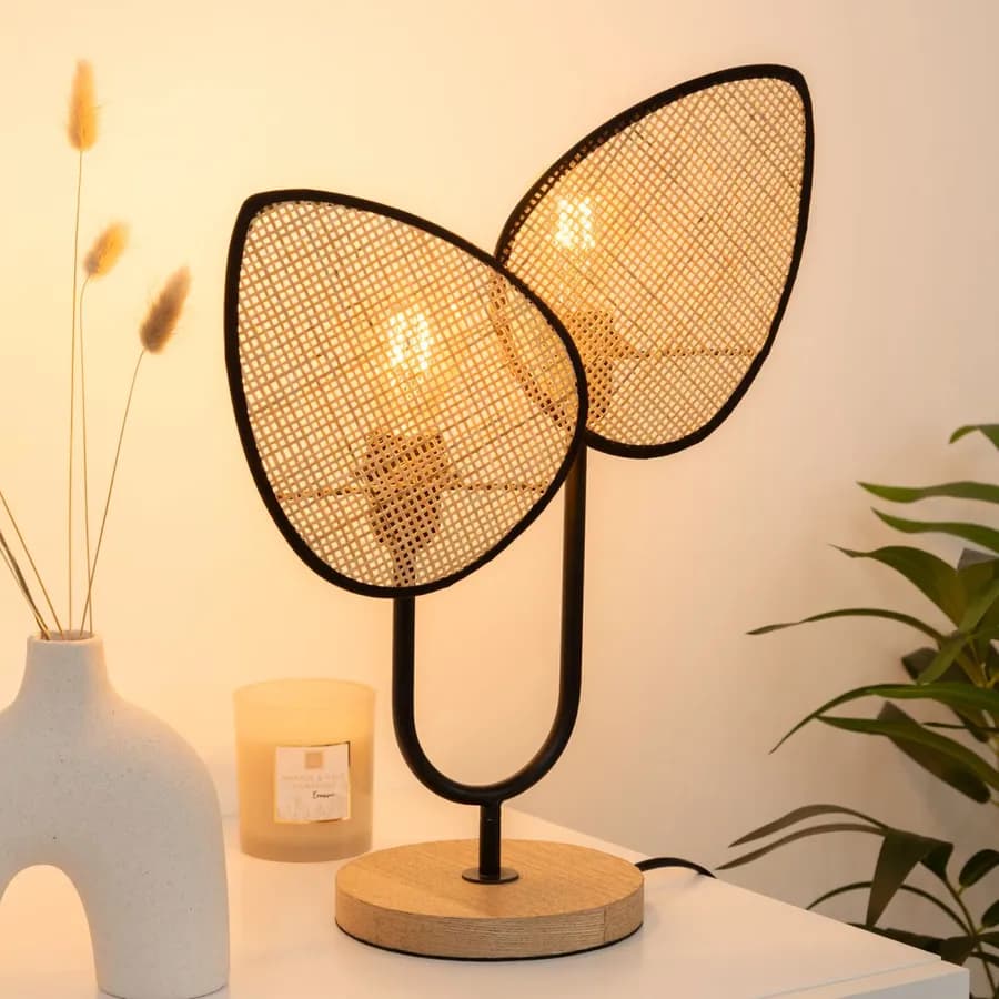 Lampada da tavolo 44h cm in metallo nero e legno naturale a forma di foglie - Feuille