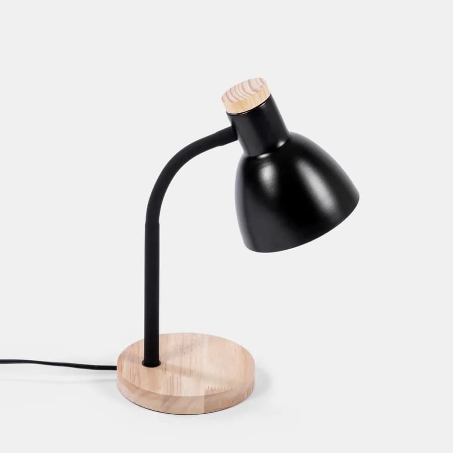 Lampada da tavolo in metallo nero con base in legno - Sally