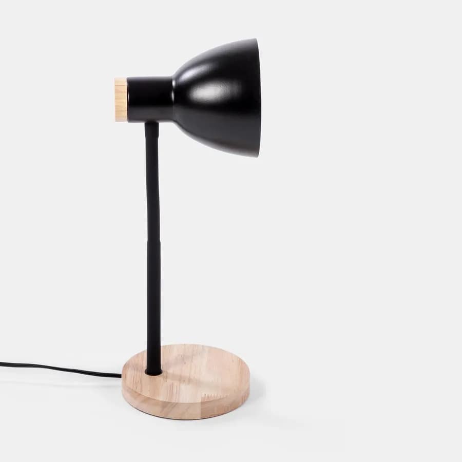 Lampada da tavolo in metallo nero con base in legno - Sally