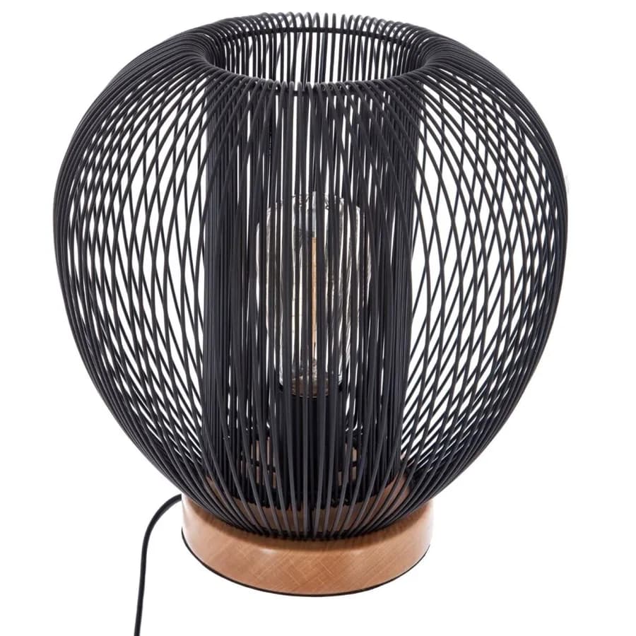 Lampada da tavolo rotonda 28 cm in metallo nero e base in legno di faggio