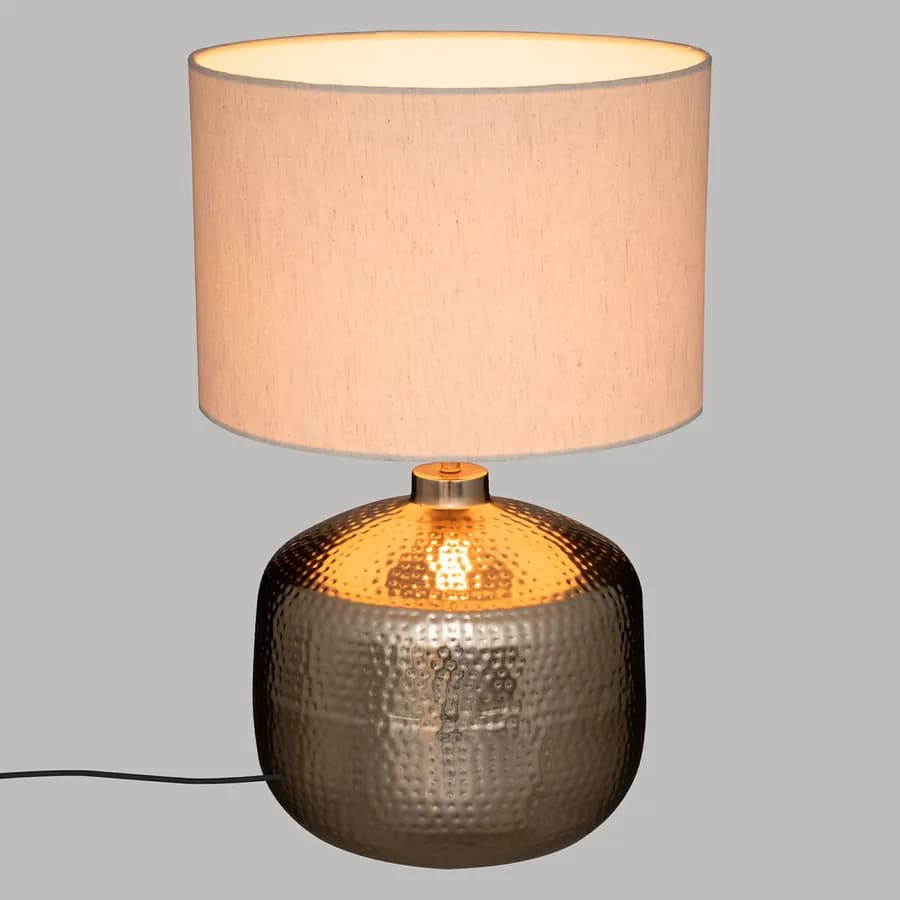 Lampada d'appoggio 52 h cm in metallo champagne e paralume in cotone bianco