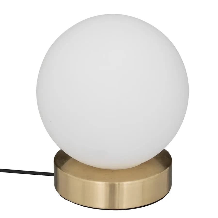 Lampada d'appoggio a sfera in vetro bianco e metallo oro - Failith