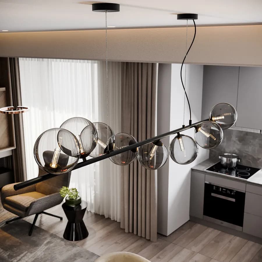 Lampada sospesa 145x33,5 cm in metallo nero con diffusori in vetro fumè