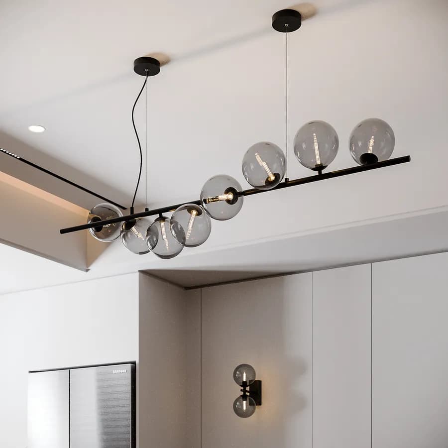 Lampada sospesa 145x33,5 cm in metallo nero con diffusori in vetro fumè