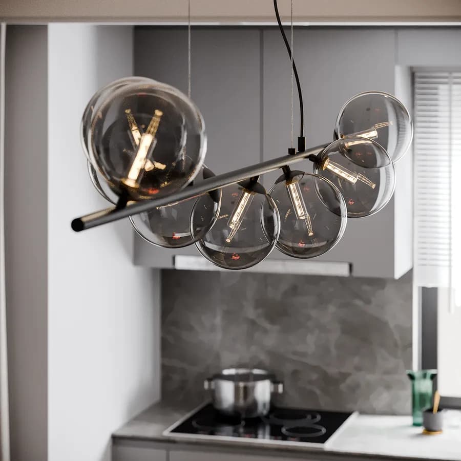 Lampada sospesa 145x33,5 cm in metallo nero con diffusori in vetro fumè