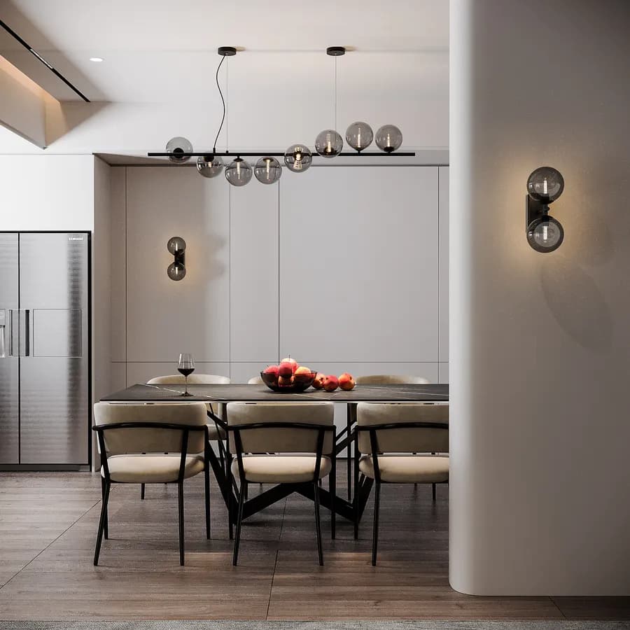 Lampada sospesa 145x33,5 cm in metallo nero con diffusori in vetro fumè