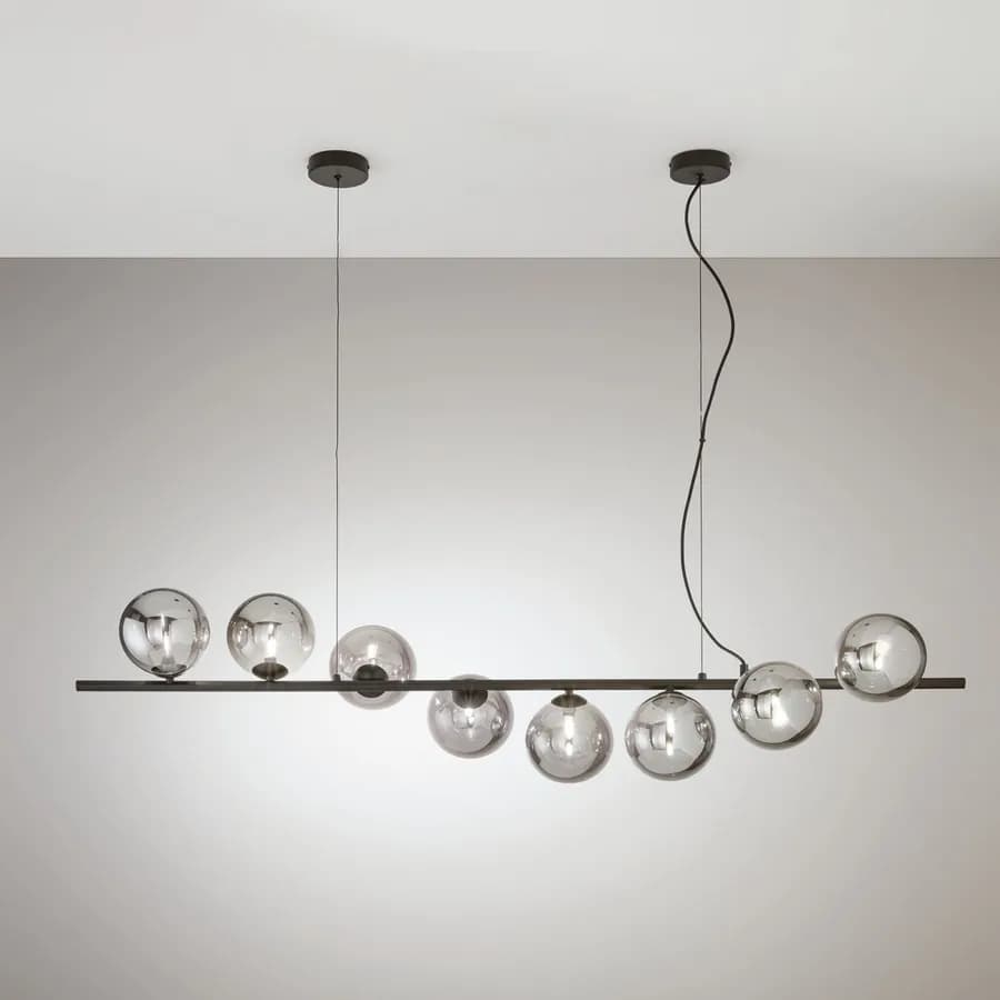 Lampada sospesa 145x33,5 cm in metallo nero con diffusori in vetro fumè