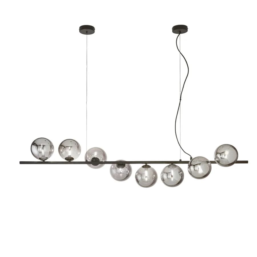 Lampada sospesa 145x33,5 cm in metallo nero con diffusori in vetro fumè