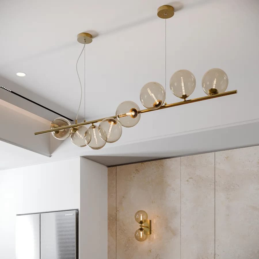 Lampada sospesa 145x33,5 cm in metallo oro con diffusori in vetro champagne