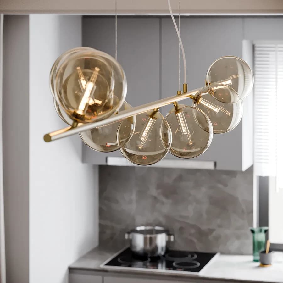 Lampada sospesa 145x33,5 cm in metallo oro con diffusori in vetro champagne