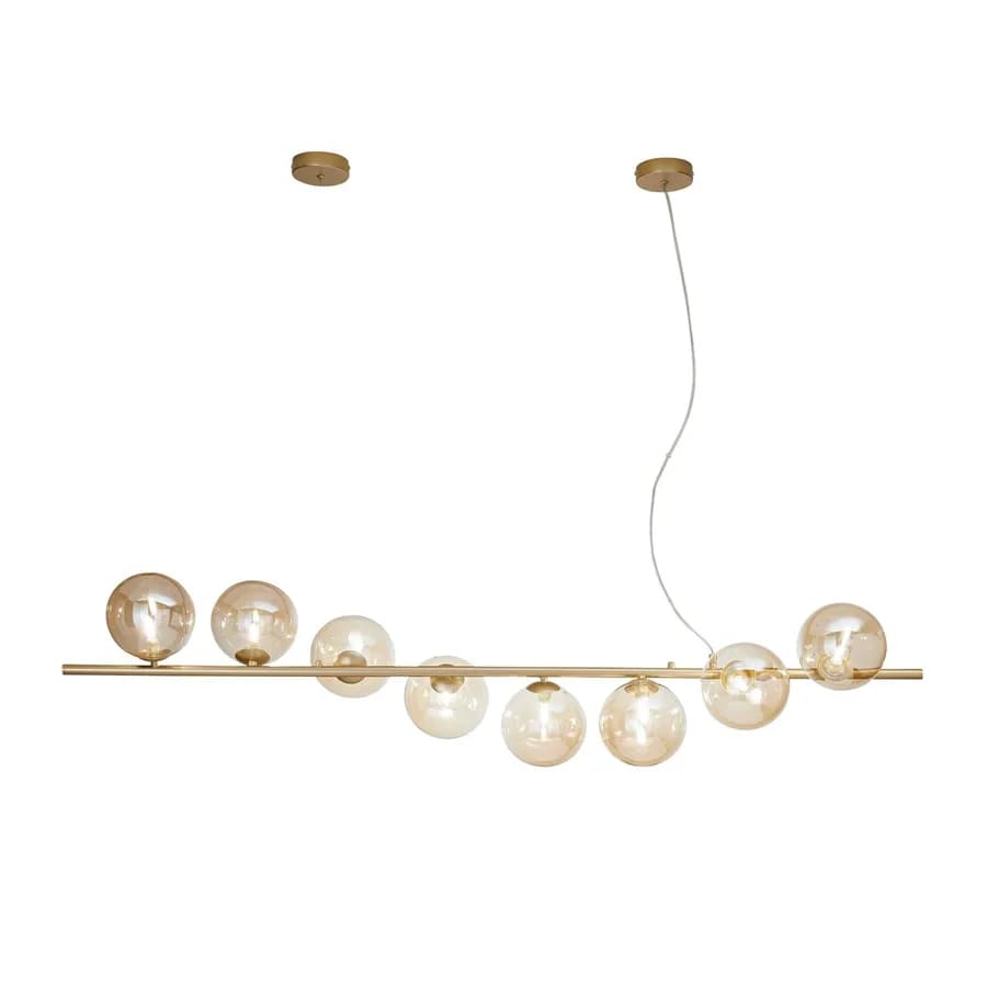 Lampada sospesa 145x33,5 cm in metallo oro con diffusori in vetro champagne