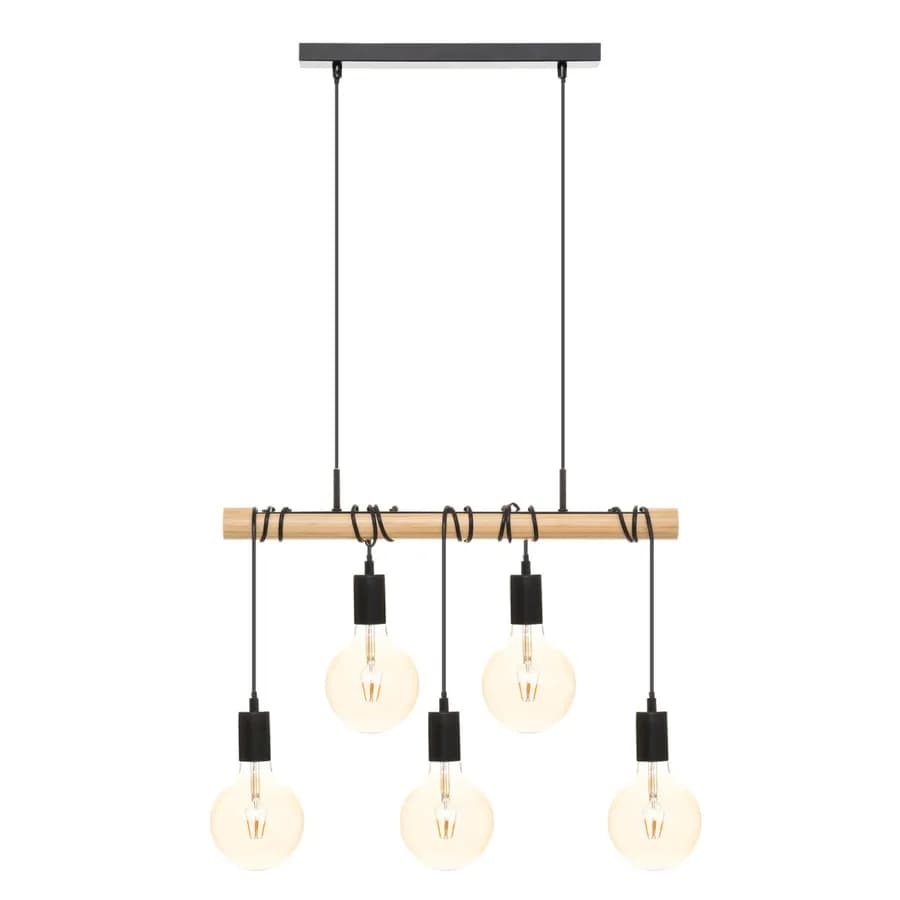 Lampada sospesa 60 cm in metallo nero e legno con 5 punti luce regolabili