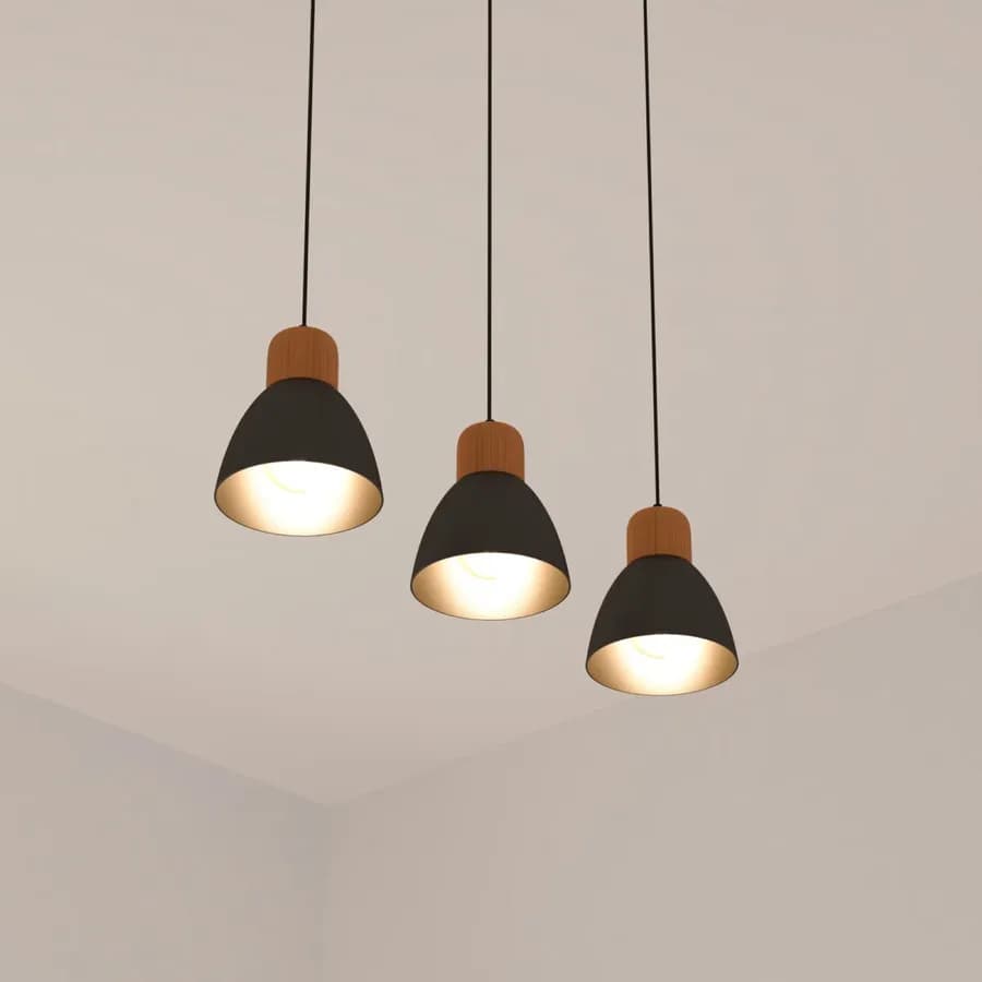 Lampada sospesa 64 cm in metallo nero e legno con 3 punti luce