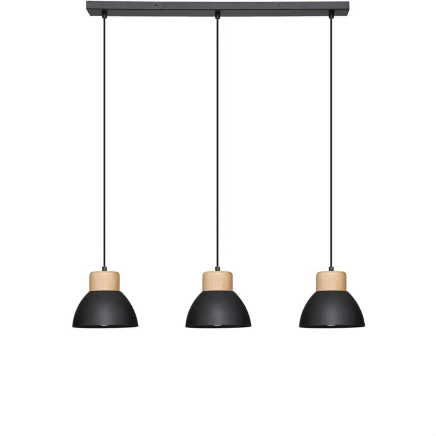Lampada sospesa 64 cm in metallo nero e legno con 3 punti luce