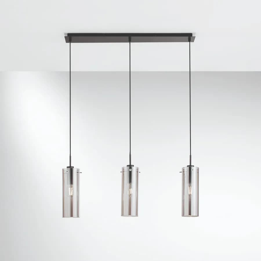 Lampada sospesa 79x10 cm in metallo nero con diffusore in vetro fumè